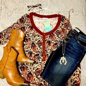 Long Sleeve Button V- neck button front shirt. Paisley